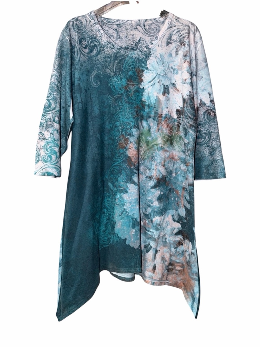 Teal Floral Asymmetrical Long Sleeve Dress